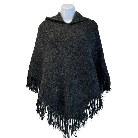 MIXIT Womens Dark Gray Pancho Hooded Wool Blended  Fringe Hem - Picture 1 of 10